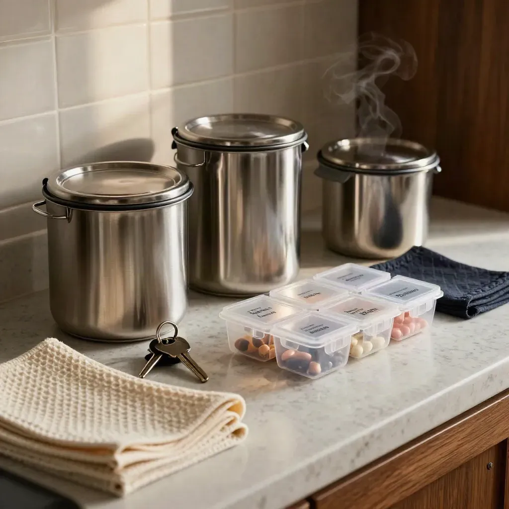 Extreme macro of meal containers, keys, cloths, and pill boxes on a pale kitchen counter.