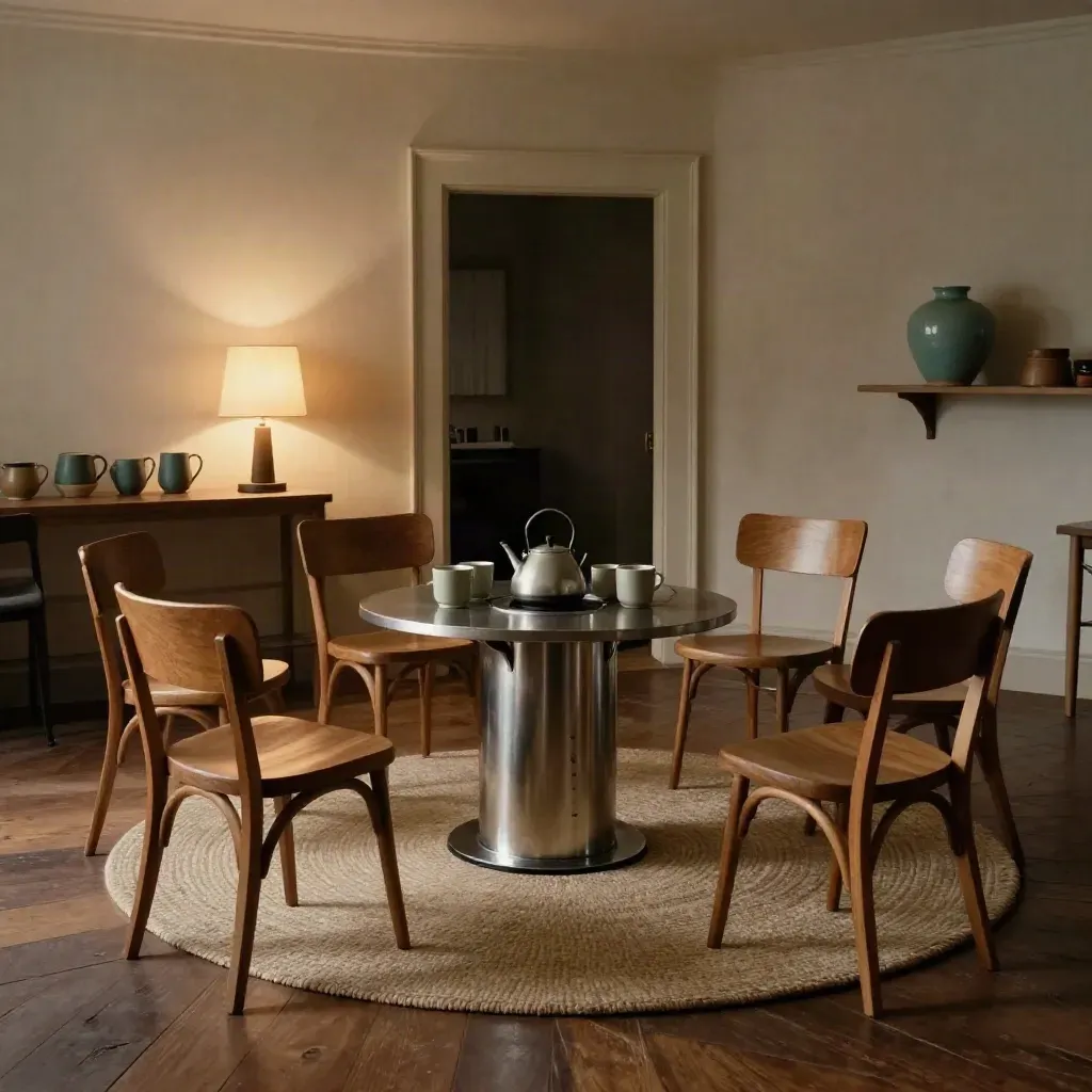 Empty community support room with chairs, kettle station, lamp and rug in evening haze.