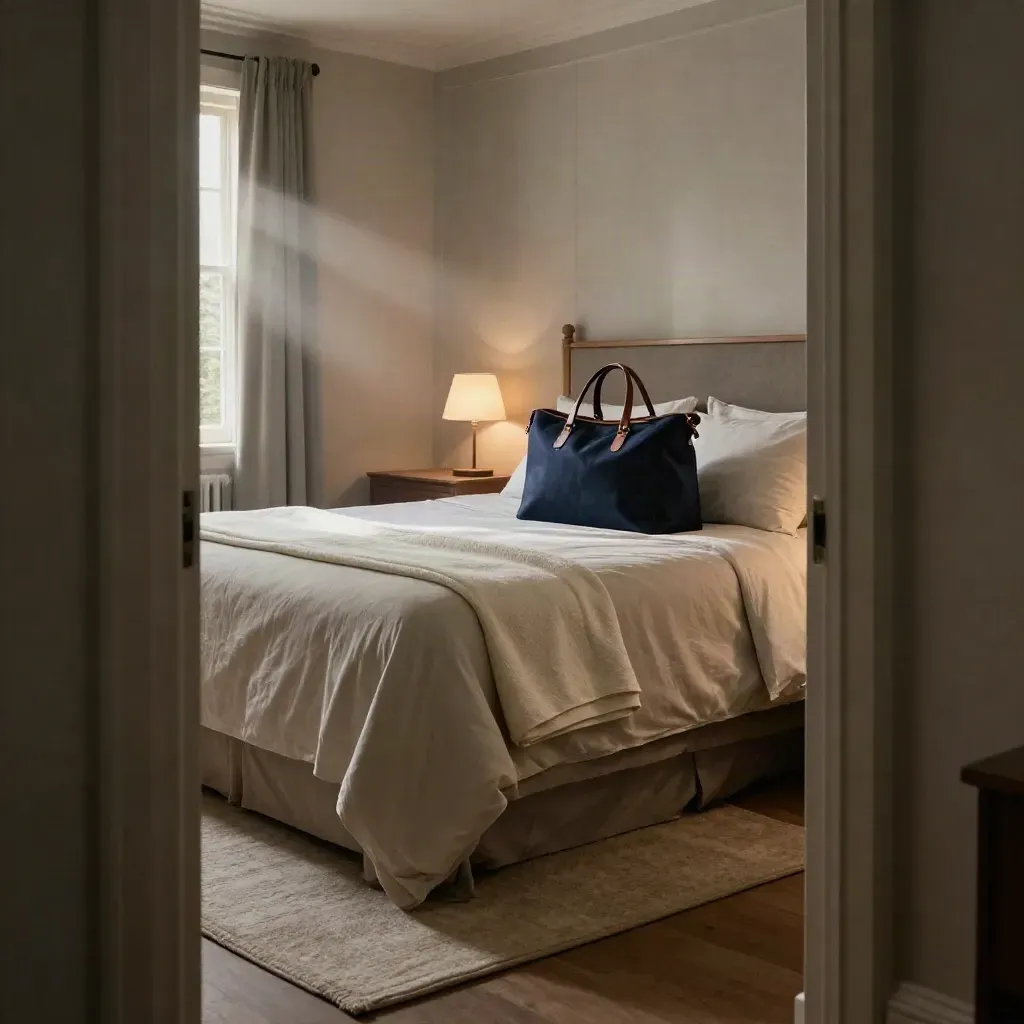 Empty guest room with made bed, packed tote, glowing lamp, and calm hallway entry