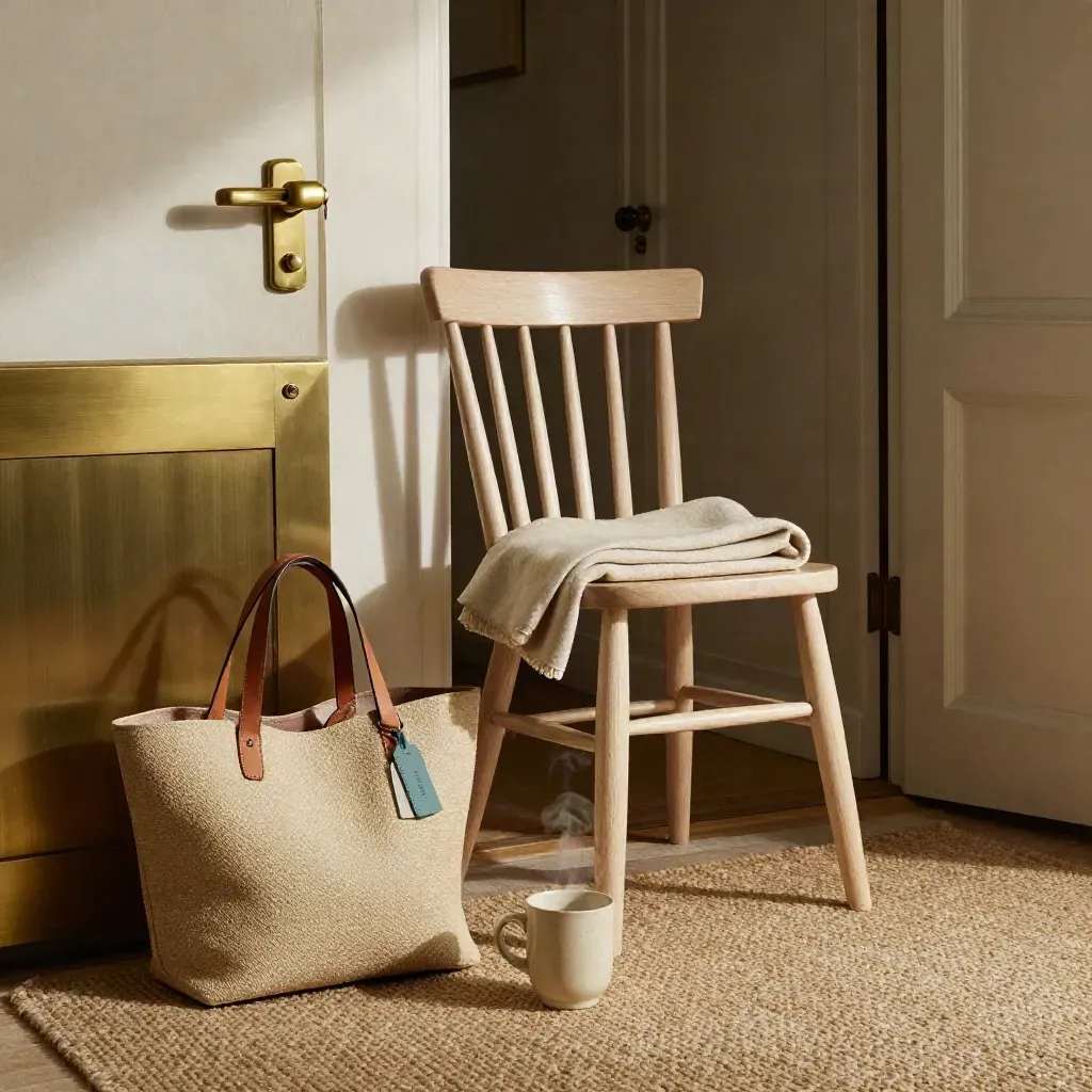 Front-door respite setup with tote, throw, steaming mug and open chair in soft late-day light.