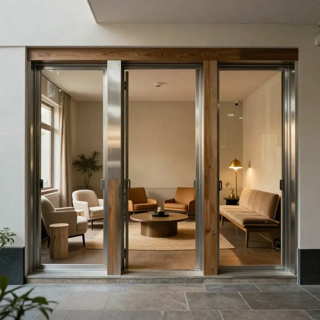 Three empty community-room doorways with warm seating nooks, ready for support groups