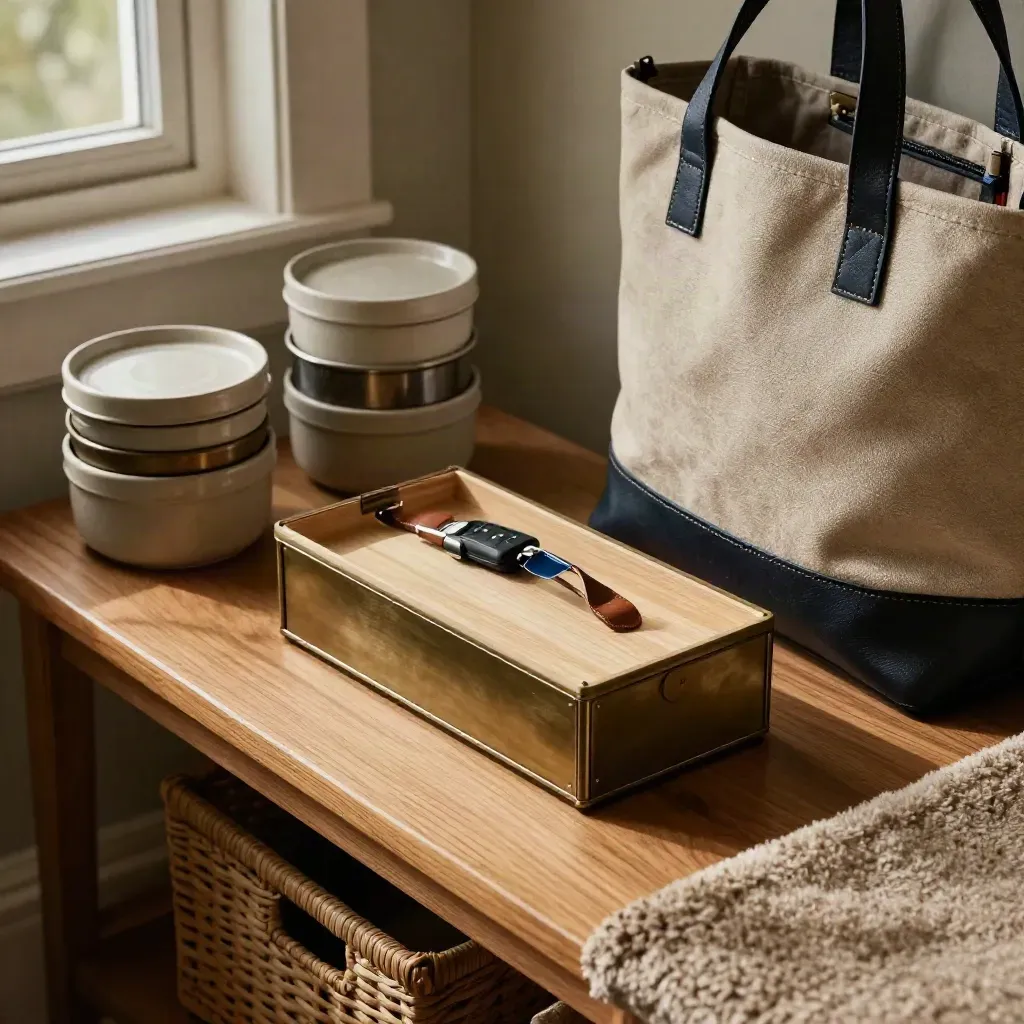 Organized mudroom bench with meal containers, medicine caddy, keys, and ride tote