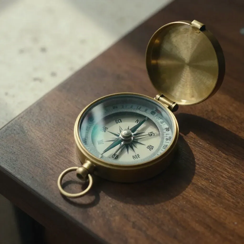 Brass compass, routing bands, and a smooth stone paperweight on a dark wood worktop