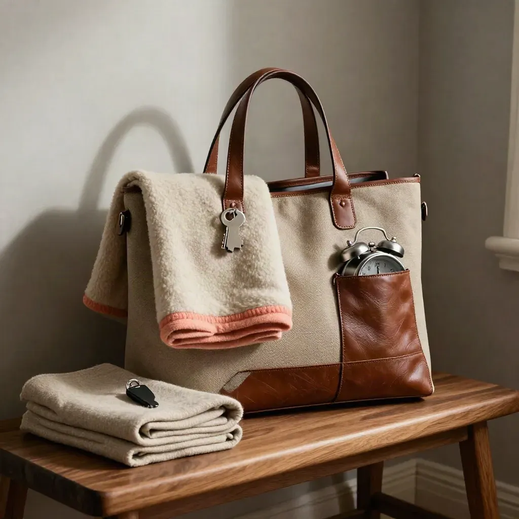 Packed overnight tote, blanket, alarm clock and room key fob on linen in a dramatic still life.