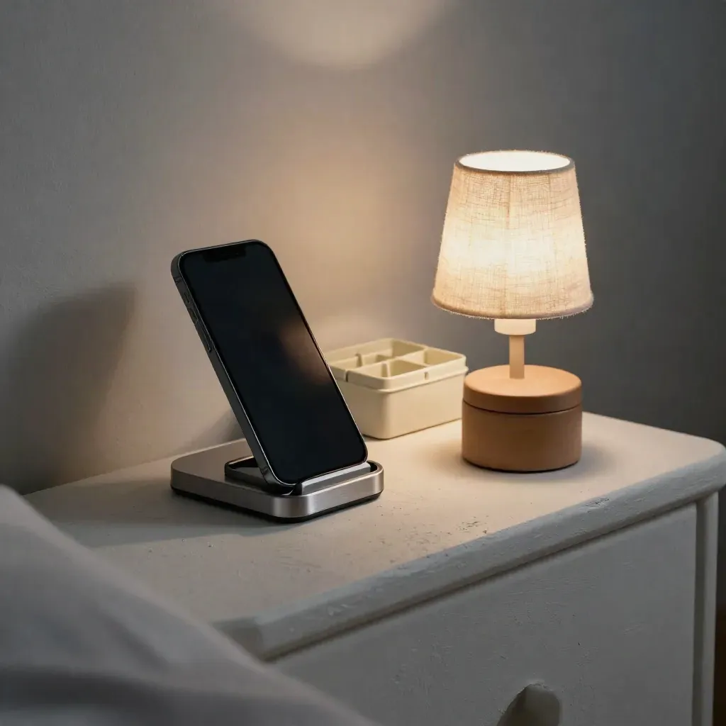Nightly caregiving reset vignette with phone dock, pill caddy, tea tin, and a warm lamp glow.