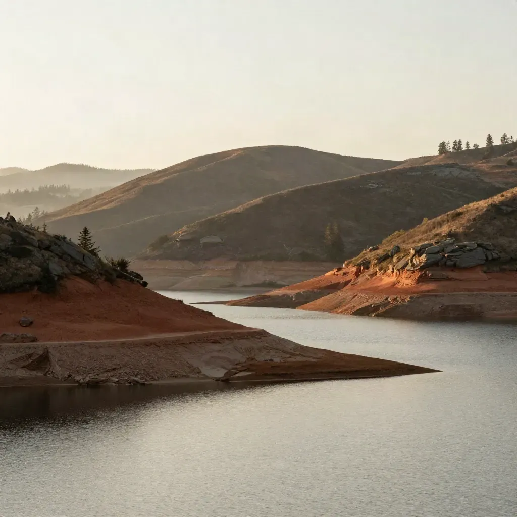 Eastside hills over a calm lake sheen with cedar slopes and hazy late-afternoon light